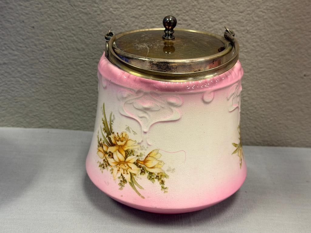 ANTIQUE BRIDGWOOD ENGLISH CHINA EMBOSSED BISCUIT BARREL / JAR WITH FLORAL DESIGN - 4