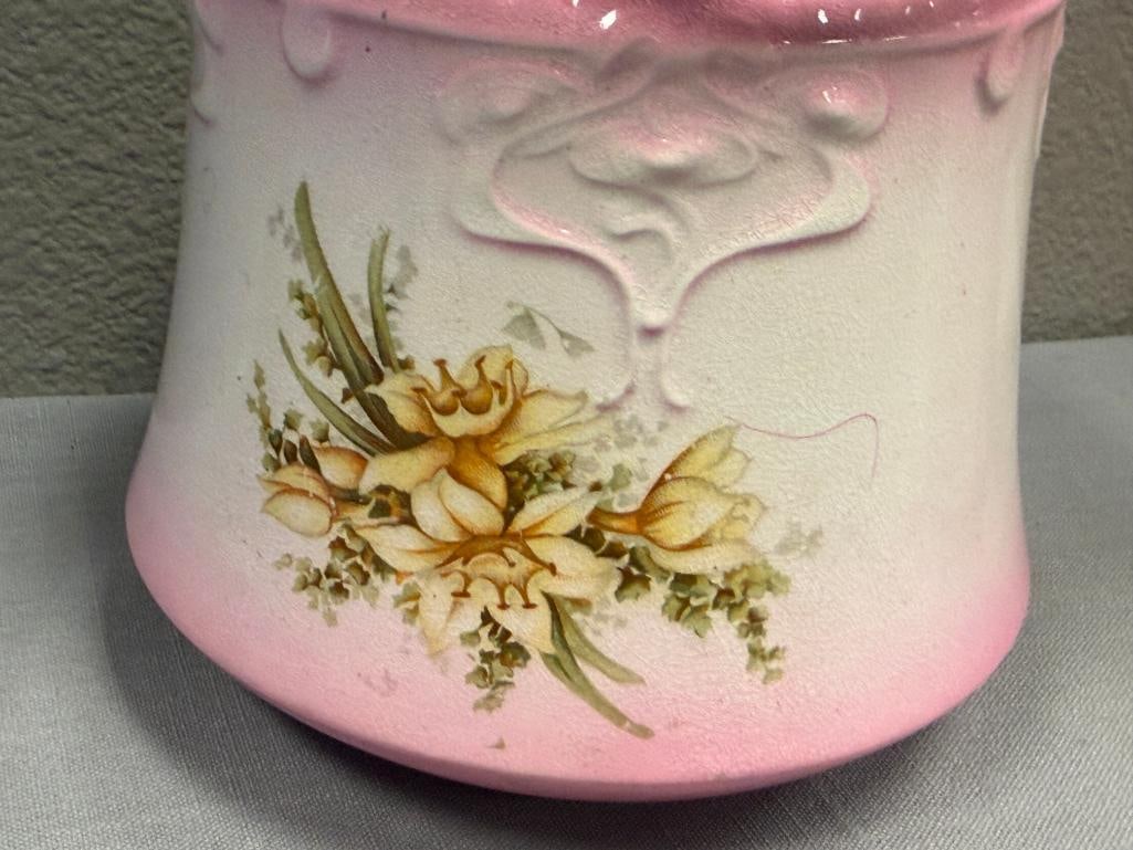 ANTIQUE BRIDGWOOD ENGLISH CHINA EMBOSSED BISCUIT BARREL / JAR WITH FLORAL DESIGN - 5