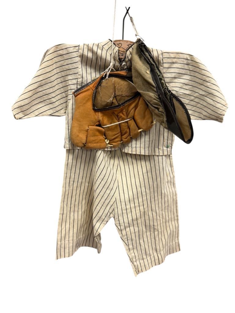CIRCA 1920'S CHILDRENS BASEBALL UNIFORM, PANTS, SHIRT, CAP, AND GLOVE: LEATHER GLOVE IS MADE BY MCKINNON, SHOWS OBVIOUS SIGNS OF WEAR / AGE