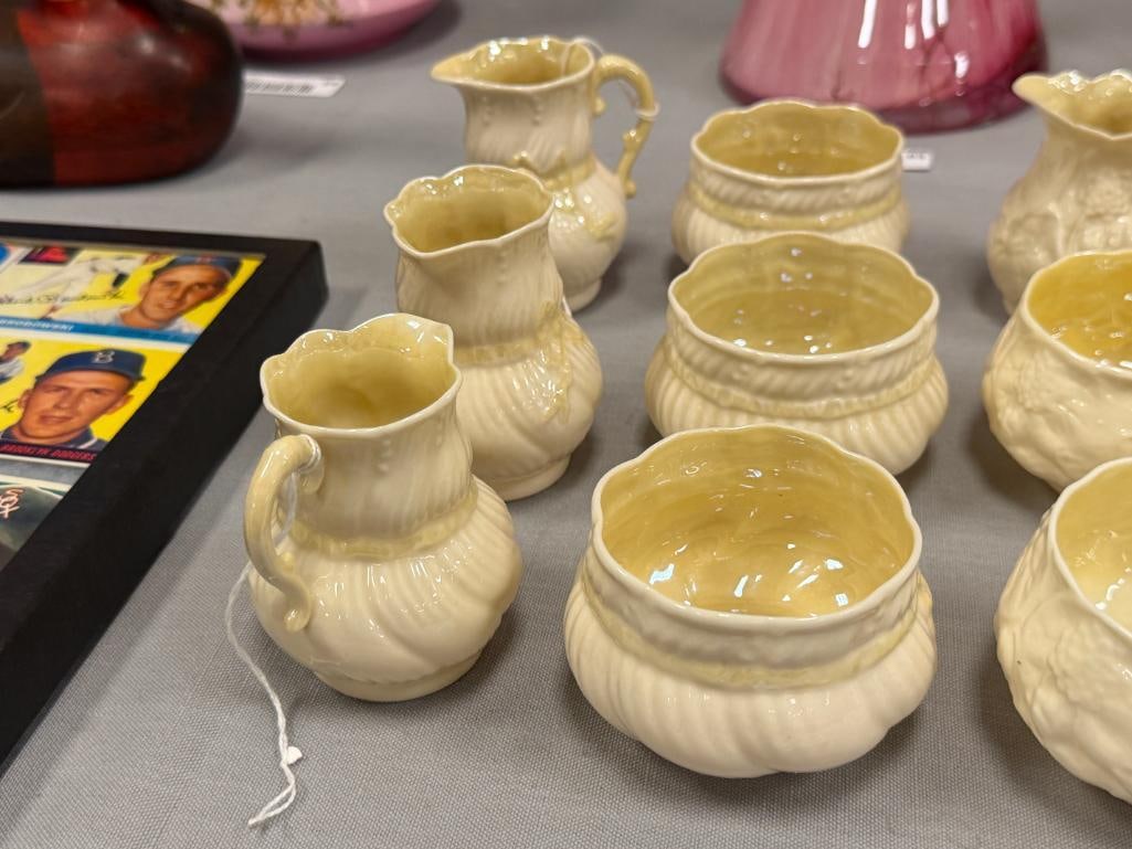 BELLEEK FINE IRISH PARIAN CHINA SUGAR AND CREAMER SETS IN LOTUS AND RIBBON LUSTRE PATTERNS - 2