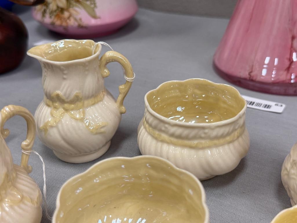 BELLEEK FINE IRISH PARIAN CHINA SUGAR AND CREAMER SETS IN LOTUS AND RIBBON LUSTRE PATTERNS - 5
