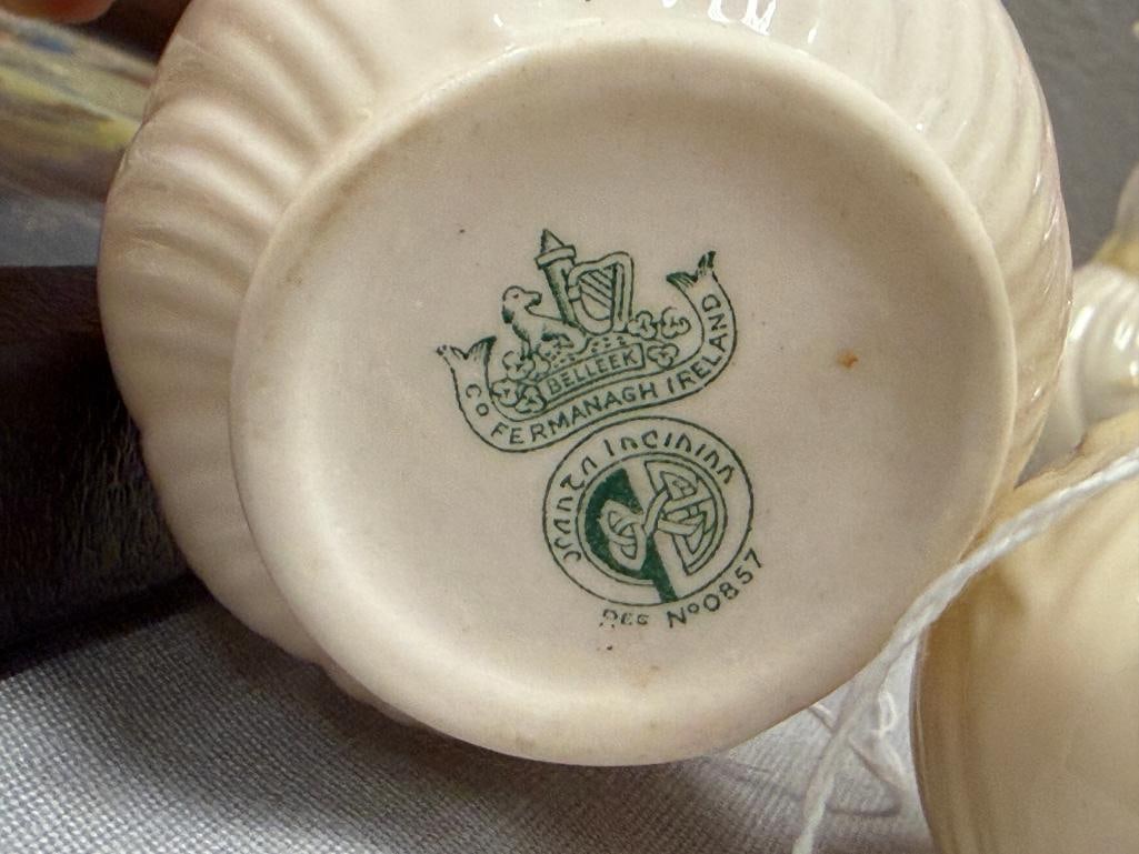BELLEEK FINE IRISH PARIAN CHINA SUGAR AND CREAMER SETS IN LOTUS AND RIBBON LUSTRE PATTERNS - 8