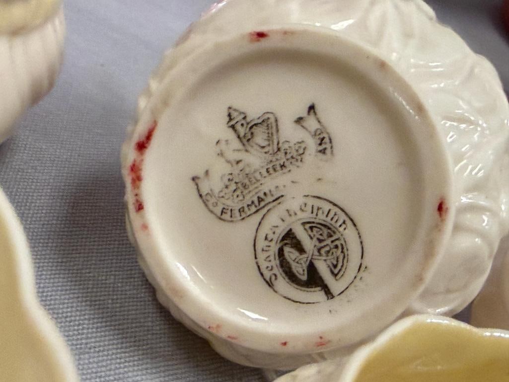 BELLEEK FINE IRISH PARIAN CHINA SUGAR AND CREAMER SETS IN LOTUS AND RIBBON LUSTRE PATTERNS - 9