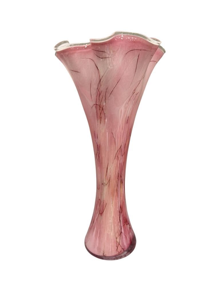 TALL PINK AND WHITE TRANSLUCENT ART GLASS VASE WITH RUFFLED RIM (1 of 9)