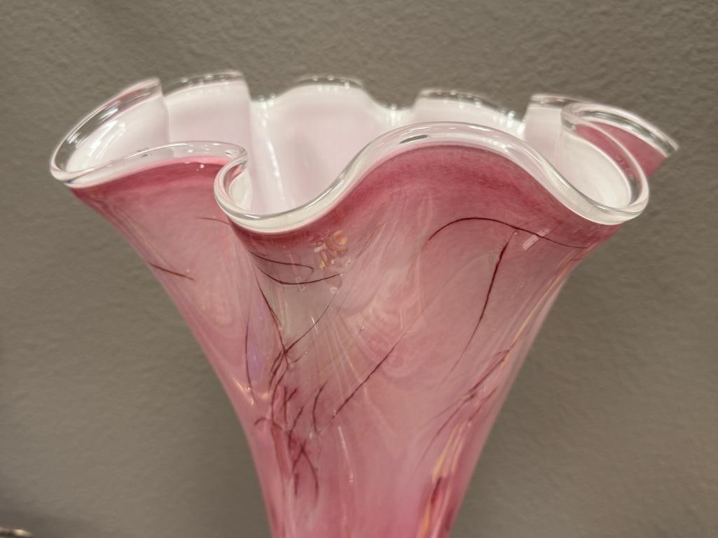 TALL PINK AND WHITE TRANSLUCENT ART GLASS VASE WITH RUFFLED RIM - 2