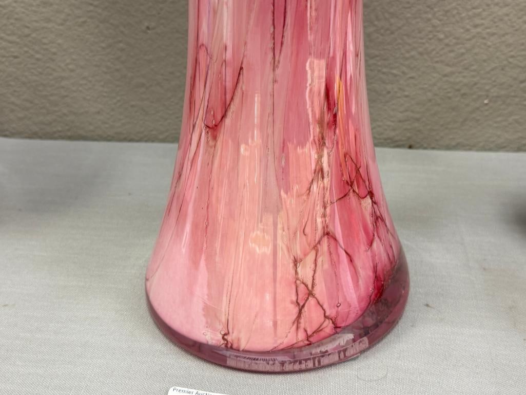 TALL PINK AND WHITE TRANSLUCENT ART GLASS VASE WITH RUFFLED RIM - 5