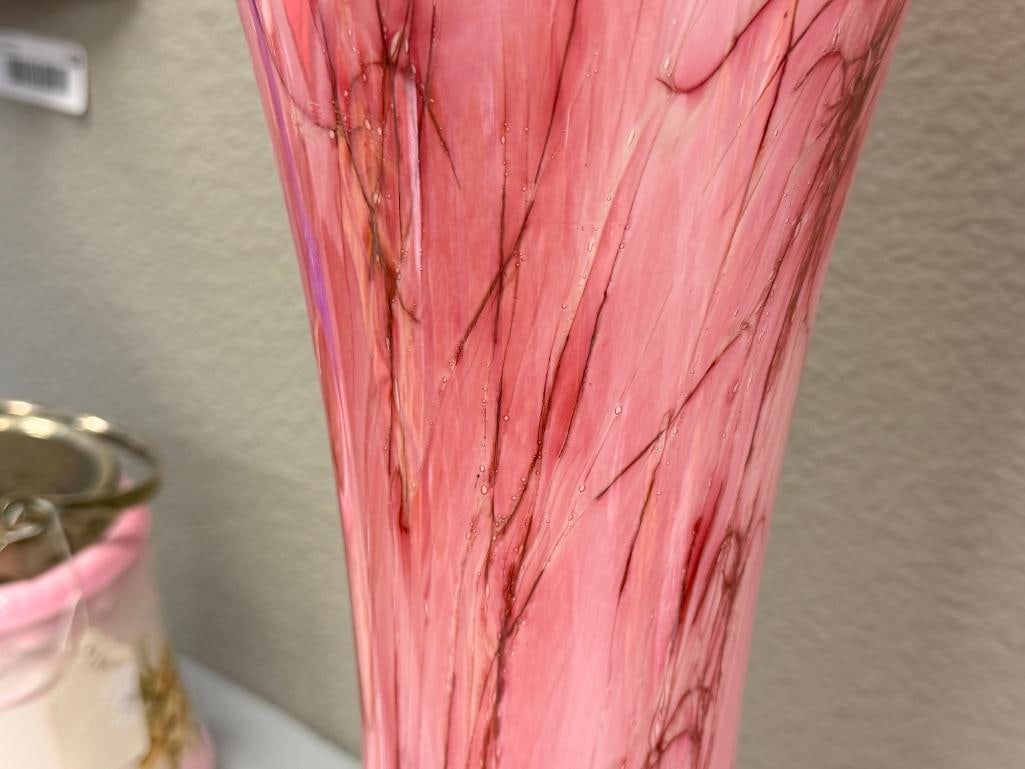 TALL PINK AND WHITE TRANSLUCENT ART GLASS VASE WITH RUFFLED RIM - 7