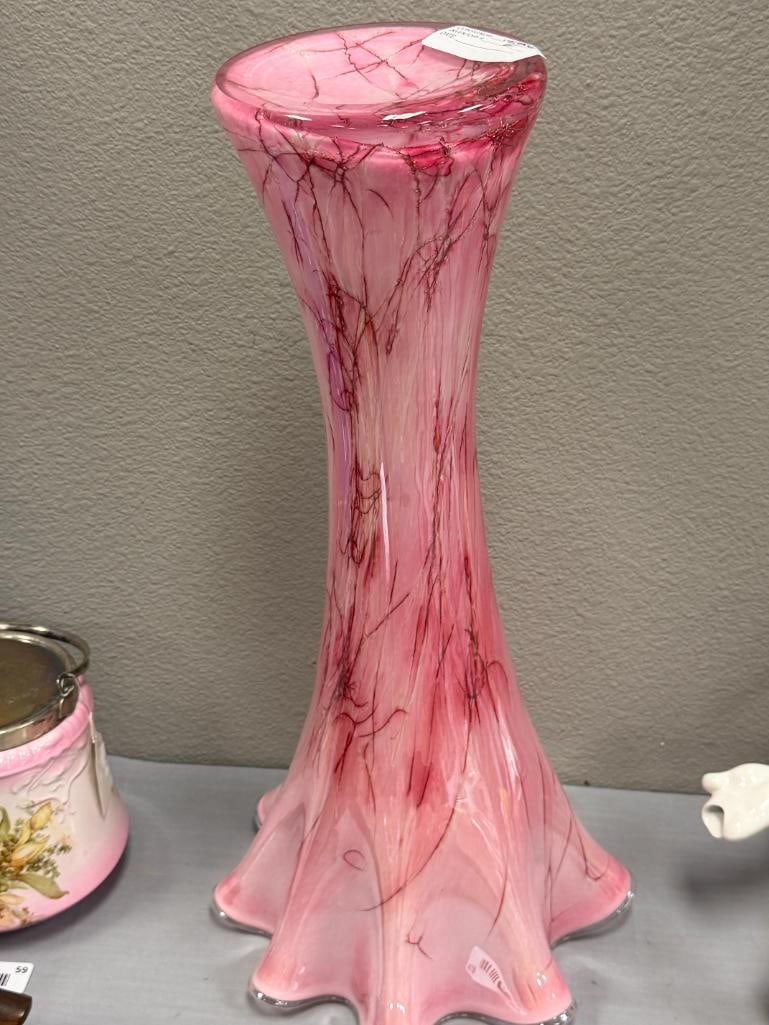 TALL PINK AND WHITE TRANSLUCENT ART GLASS VASE WITH RUFFLED RIM - 8