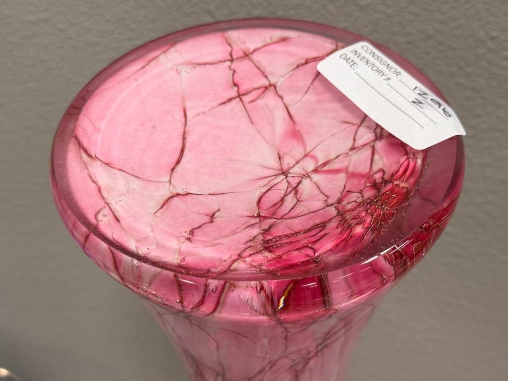 TALL PINK AND WHITE TRANSLUCENT ART GLASS VASE WITH RUFFLED RIM - 9