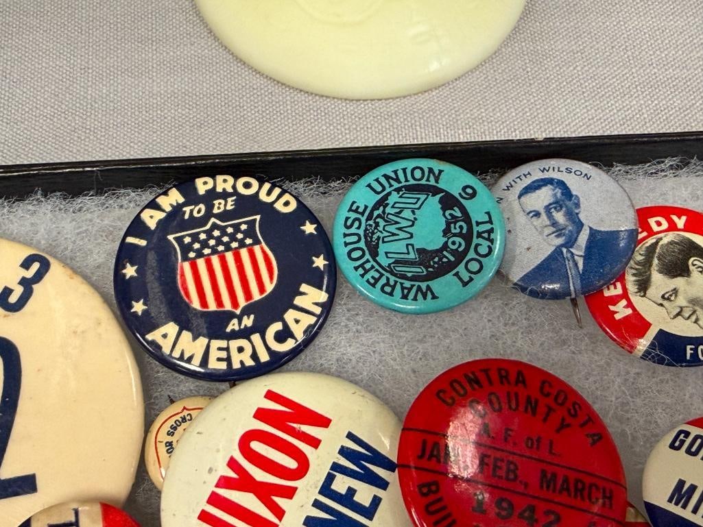 VINTAGE AMERICAN POLITICAL AND UNION BUTTONS NIXON, REAGAN, DEWEY, ROOSEVELT, KENNEDY - 12