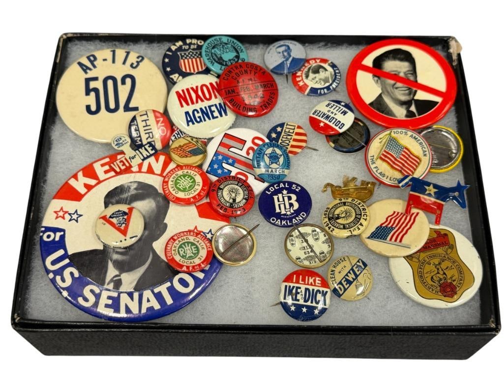 VINTAGE AMERICAN POLITICAL AND UNION BUTTONS NIXON, REAGAN, DEWEY, ROOSEVELT, KENNEDY (1 of 12)