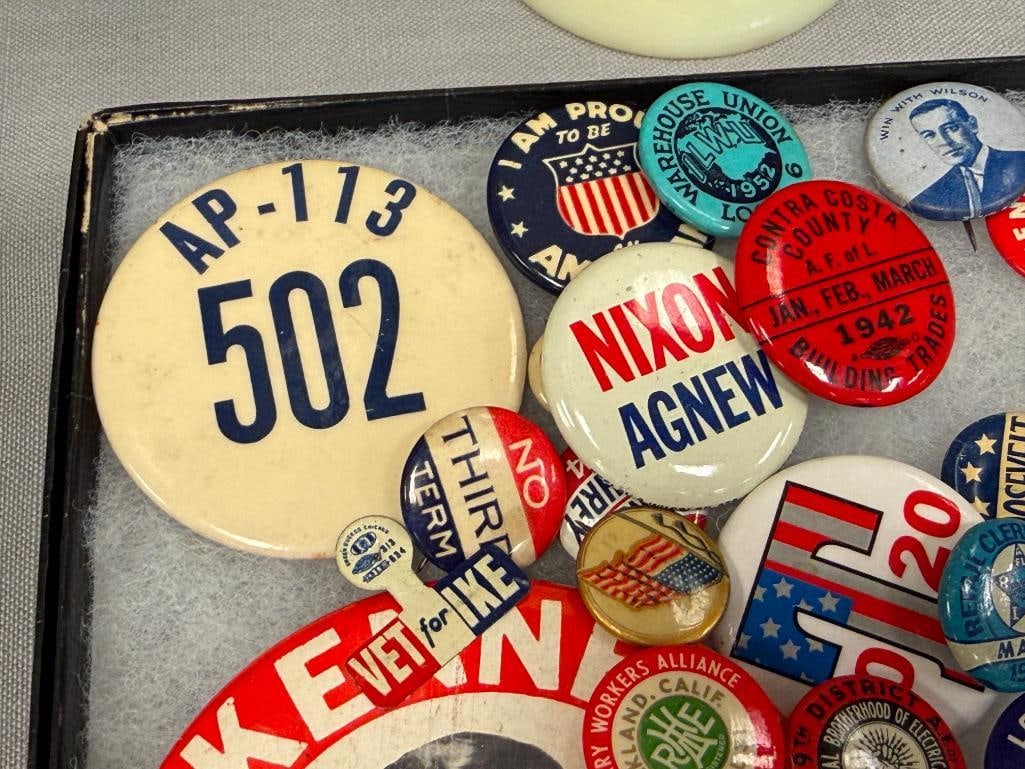 VINTAGE AMERICAN POLITICAL AND UNION BUTTONS NIXON, REAGAN, DEWEY, ROOSEVELT, KENNEDY - 3