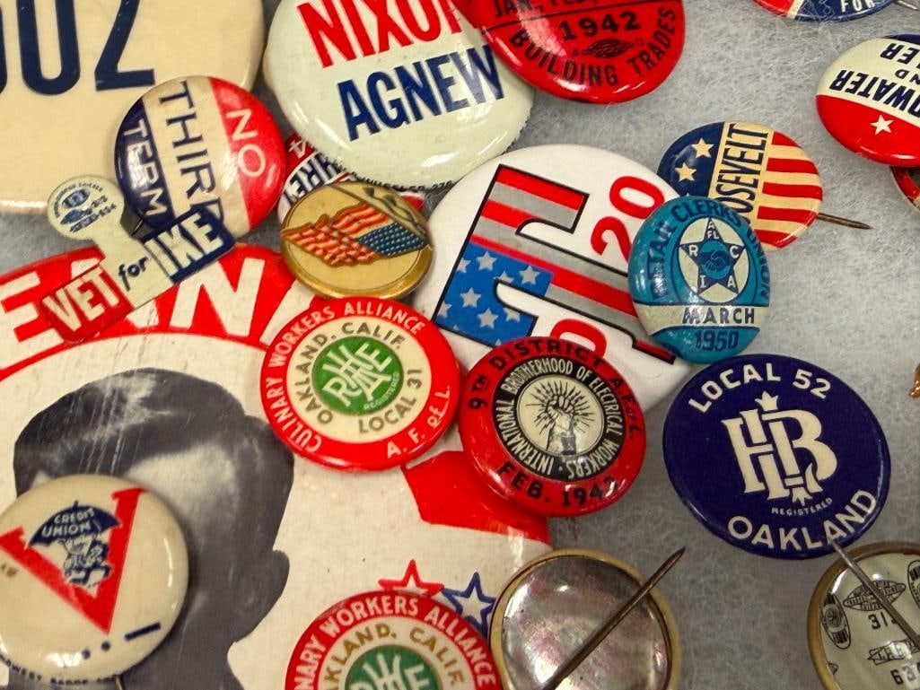 VINTAGE AMERICAN POLITICAL AND UNION BUTTONS NIXON, REAGAN, DEWEY, ROOSEVELT, KENNEDY - 4