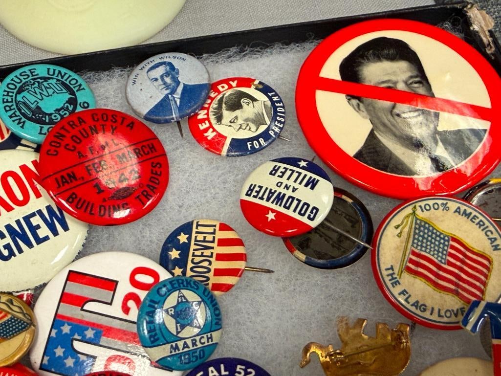 VINTAGE AMERICAN POLITICAL AND UNION BUTTONS NIXON, REAGAN, DEWEY, ROOSEVELT, KENNEDY - 5