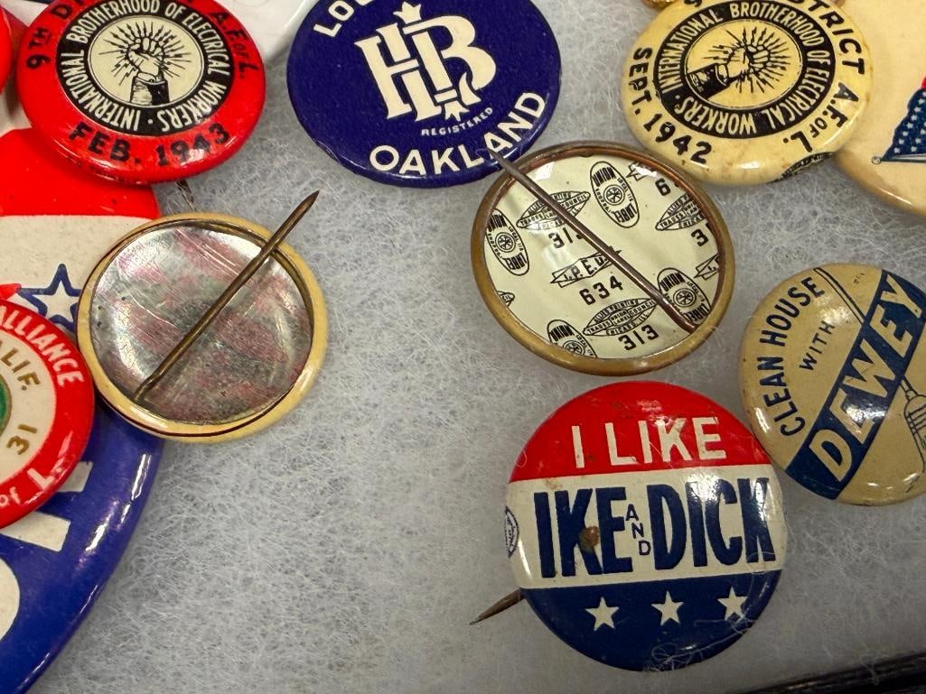 VINTAGE AMERICAN POLITICAL AND UNION BUTTONS NIXON, REAGAN, DEWEY, ROOSEVELT, KENNEDY - 7