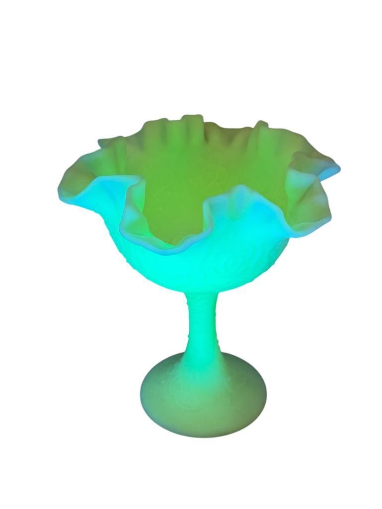 VINTAGE FENTON PERSIAN MEDALLION URANIUM CUSTARD GLASS COMPOTE SATIN FINISH WITH RUFFLED RIM (1 of 8)