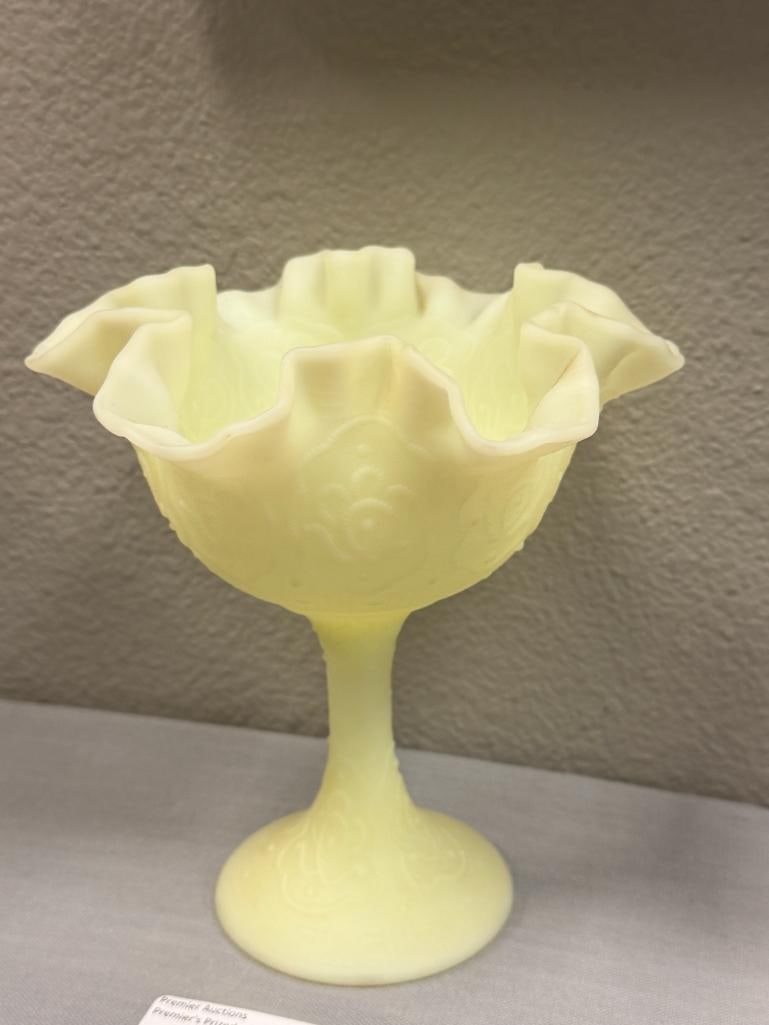 VINTAGE FENTON PERSIAN MEDALLION URANIUM CUSTARD GLASS COMPOTE SATIN FINISH WITH RUFFLED RIM - 4