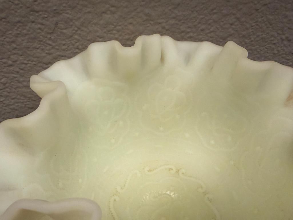 VINTAGE FENTON PERSIAN MEDALLION URANIUM CUSTARD GLASS COMPOTE SATIN FINISH WITH RUFFLED RIM - 5