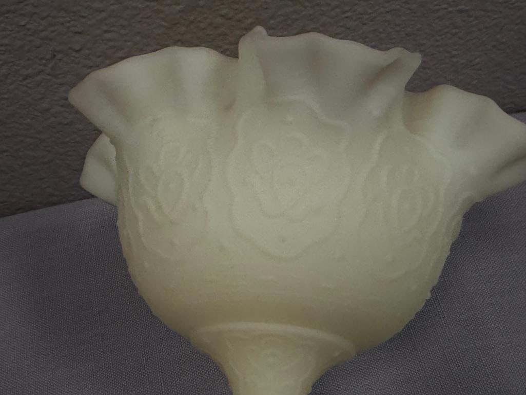 VINTAGE FENTON PERSIAN MEDALLION URANIUM CUSTARD GLASS COMPOTE SATIN FINISH WITH RUFFLED RIM - 6
