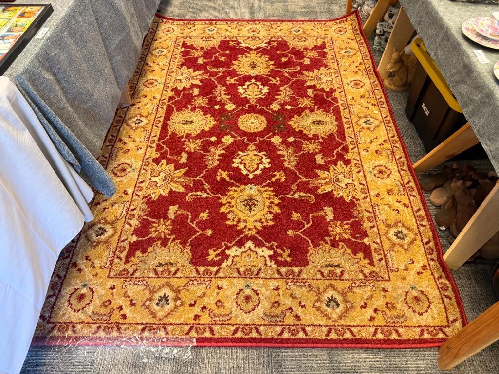 BARCELONA COLLECTION EGYPTIAN MADE AREA RUG: RED AND BROWN MEDALLION DESIGN, SHOWS LITTLE WEAR 91" X 61"
