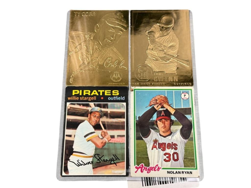 1978 TOPPS NOLAN RYAN NO. 400, 1971 TOPPS WILLIE STARGELL NO. 230 TY COBB ANF TONY GWYNN 22KT CARDS: FOUR CARDS TOTAL IN PROTECTIVE SLEEVE