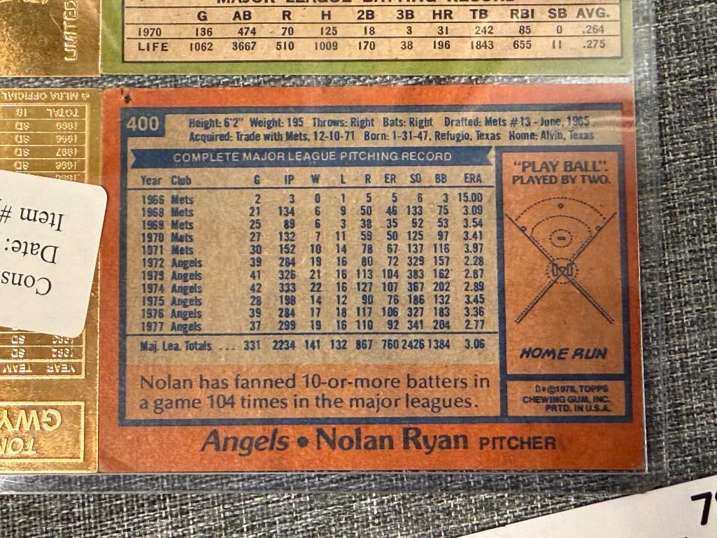 1978 TOPPS NOLAN RYAN NO. 400, 1971 TOPPS WILLIE STARGELL NO. 230 TY COBB ANF TONY GWYNN 22KT CARDS - 5