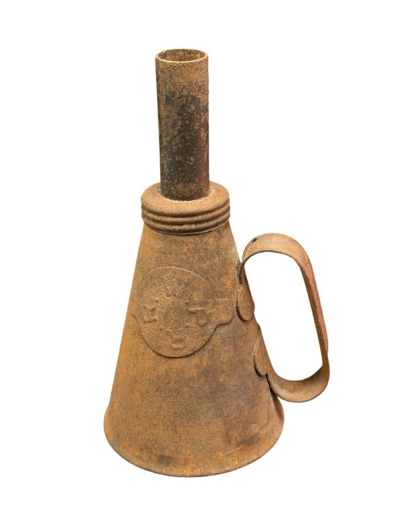EARLY 20TH CENTURY WESTERN PACIFIC RAIL ROAD CONICAL OIL CAN MADE BY EAGLE MANUFACTURING CO.: METAL OIL CAN WITH "WPRR" LABEL, EMBOSSED "EAGLE" ON THE BOTTOM, SHOWS SURFACE RUST 8 1/2" H