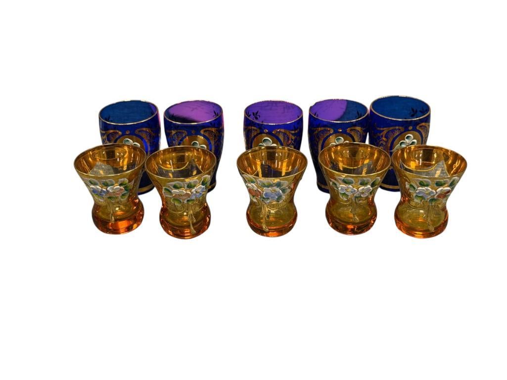 BOHEMIA CZECHOSLOVAKIA AMBER AND COBALT CORDIALS ENAMELED AND GILT DECORATED (1 of 7)