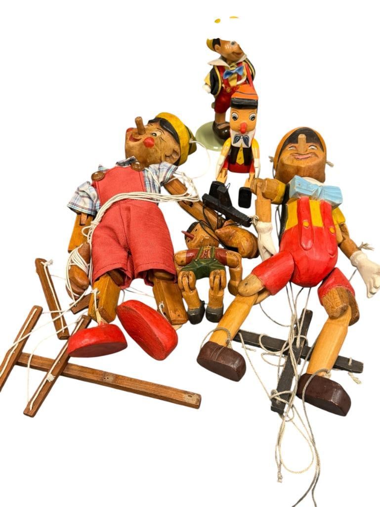 FIVE VINTAGE DISNEY PINOCCHIO WOODEN DOLLS, FIGURINES, AND MARIONETTE PUPPETS (1 of 12)