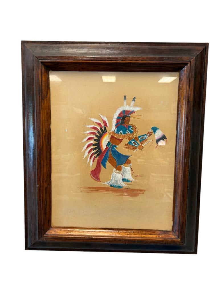 RED EAGLE NATIVE AMERICAN ARTIST ORIGINAL GOUACHE ON PAPER CEREMONIAL DANCER: ART DEPICTS NATIVE AMERICAN MAN IN CEREMONIAL ATTIRE DANCING, SIGNED LOWER RIGHT DATED 1976, FRAMED 24" X 28" FRAME