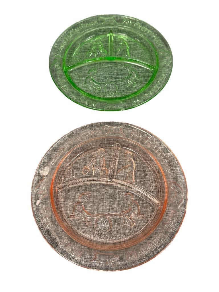 TIARA GLASS CHILDREN'S MARGERY DAW NURSERY RHYME DEPRESSION DIVIDED DINNER PLATES IN PINK AND GREEN (1 of 8)