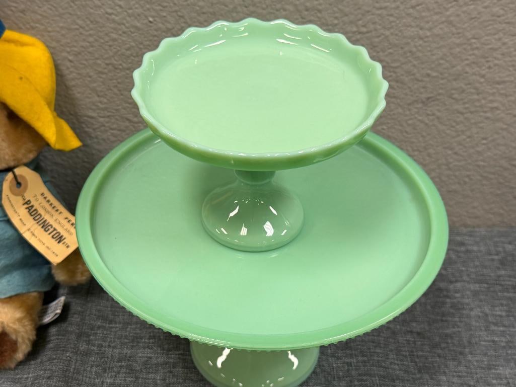 VINTAGE GREEN JADEITE COMPOTE AND PEDESTAL CAKE PLATE - 2