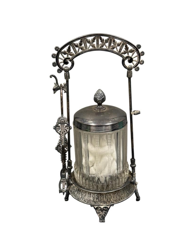 ANTIQUE VICTORIAN PERIOD GLASS PICKLE CASTOR WITH MERIDEN SILVER HOLDER AND TONGS (1 of 8)