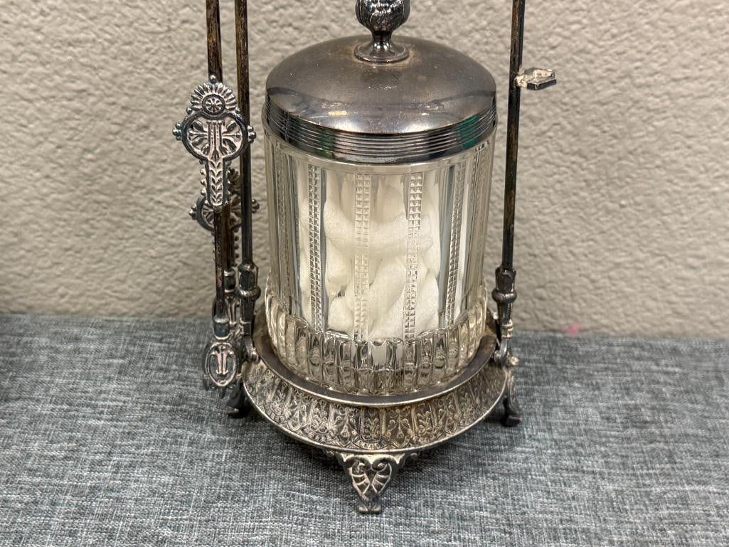 ANTIQUE VICTORIAN PERIOD GLASS PICKLE CASTOR WITH MERIDEN SILVER HOLDER AND TONGS - 2