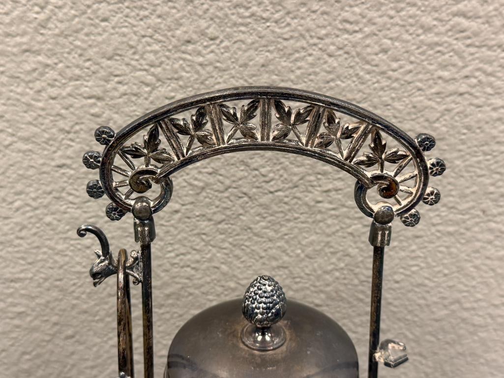 ANTIQUE VICTORIAN PERIOD GLASS PICKLE CASTOR WITH MERIDEN SILVER HOLDER AND TONGS - 3