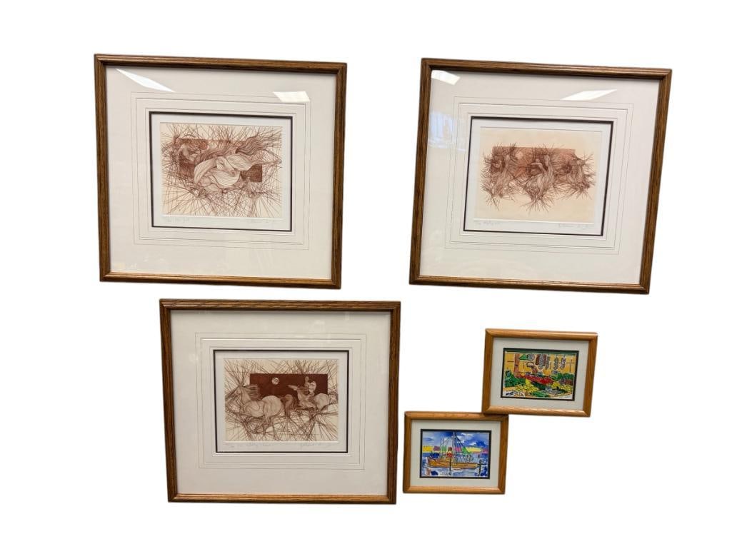 GUILLAUME AZOULAY MORROCAN ARTIST AQUATINT ETCHINGS THE FALL, THE MISSING BRAVE, AND STEPPING OUT: GUILLAUME AZOULAY (B. 1949) MORROCAN BORN FRENCH ARTIST KNOWN FOR HIS INTRICATE LINE DRAWINGS, EACH ETCHING IS SIGNED LOWER RIGHT AND EACH IS NUMBERED 104/300, EACH PIECE DEPICTS SCENE OF GALLOPING