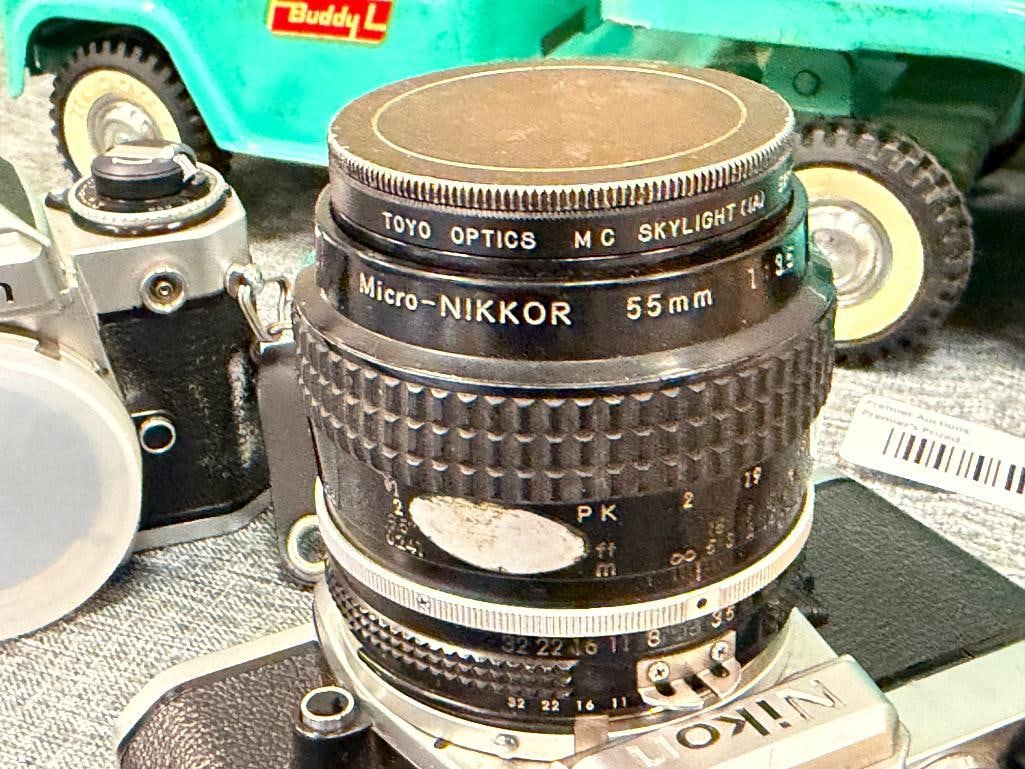 VINTAGE NIKON FE 35MM FILM CAMERA BODIES WITH NIKON MICRO - NIKKOR 55MM LENS - 5