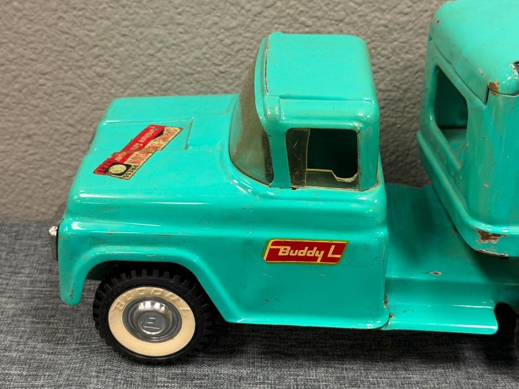 VINTAGE 1960'S BUDDY ; PRESSED STEEL AUTO TRANSPORTER CAR CARRIER WITH FRONT SPRING SUSPENSION - 2