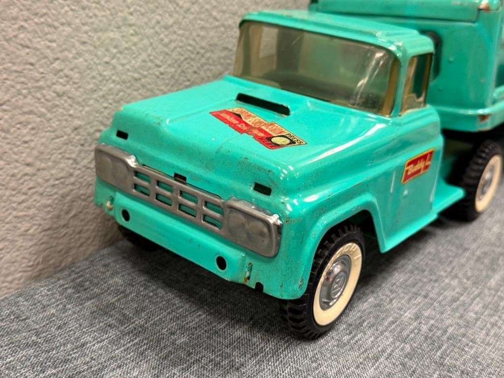 VINTAGE 1960'S BUDDY ; PRESSED STEEL AUTO TRANSPORTER CAR CARRIER WITH FRONT SPRING SUSPENSION - 5