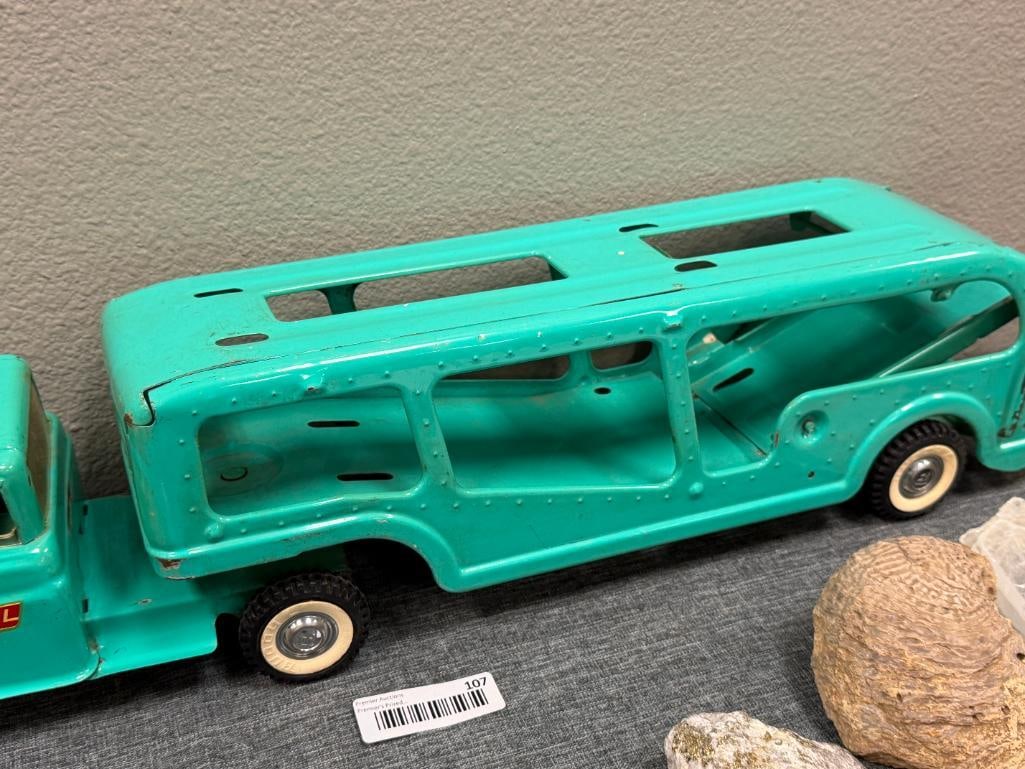 VINTAGE 1960'S BUDDY ; PRESSED STEEL AUTO TRANSPORTER CAR CARRIER WITH FRONT SPRING SUSPENSION - 6