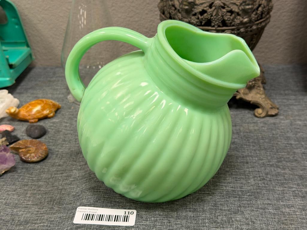 VINTAGE GIBSON JADEITE BALL SHAPPED RIBBED TILT PITCHER - 5