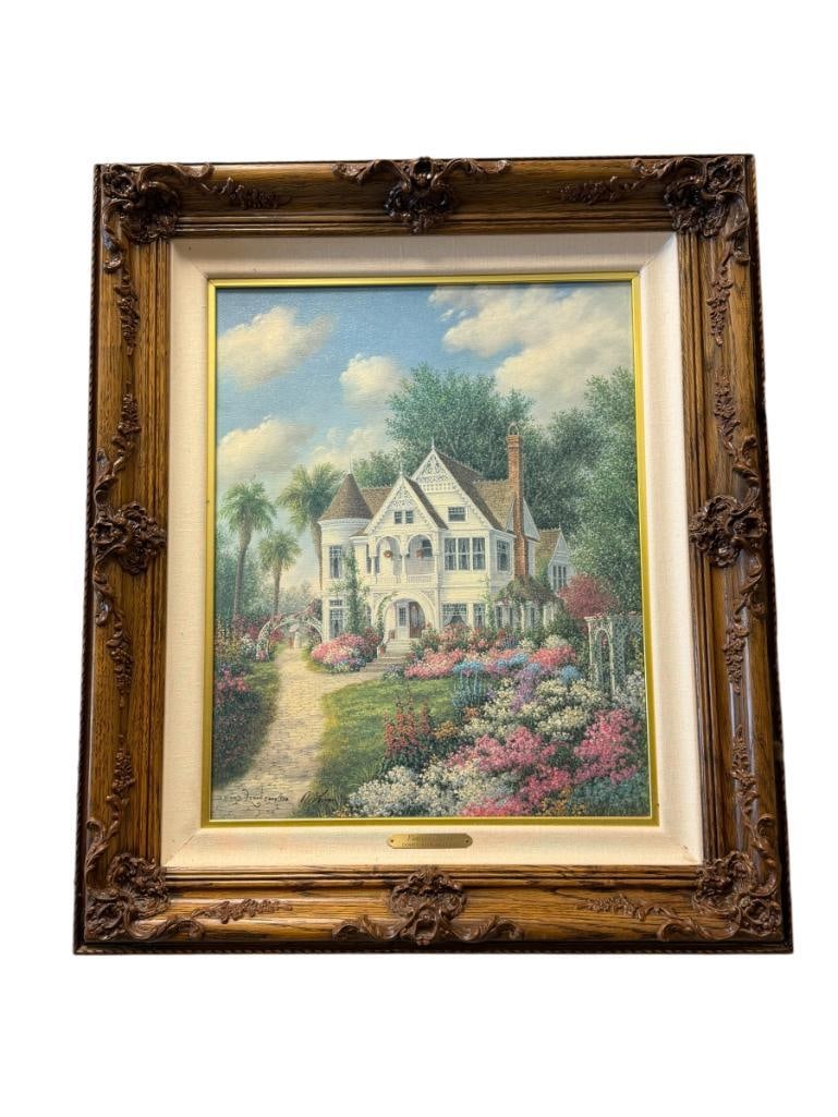 DENNIS PATRICK LEWAN LIMITED EDITION PRINT ON CANVAS TITLED VICTORIAN DREAMS NO. 444/500: ART DEPICTS VICTORIAN HOME SURROUNDED BY MATURE TREES AND VIBRANT FLOWERS, SIGNED LOWER LEFT WITH TITLED PLATE, CERTIFICATE ON THE BACK, FRAMED 24 1/2" X 28 1/2" FRAME