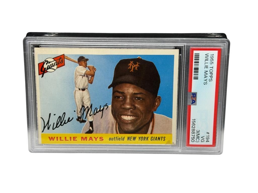 1955 TOPSS #194 WILLIE MAYS BASEBALL CARD PSA VG 3 (MC): WILLIE HOWARD MAYS JR., NEY YORK GIANTS, PSA CERT 156288750, RARE CARD, FROM THE ESTATE OF A LOCAL RENO, NV DOCTOR AT RENOWN WHO RAN BIG LEAGUE SPORTS MEDICINE BASEBALL CAMP FOR NEARLY 20 YEARS,