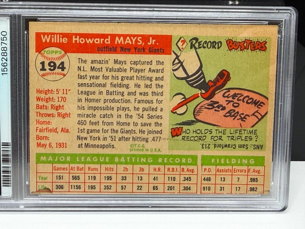 1955 TOPSS #194 WILLIE MAYS BASEBALL CARD PSA VG 3 (MC) - 7