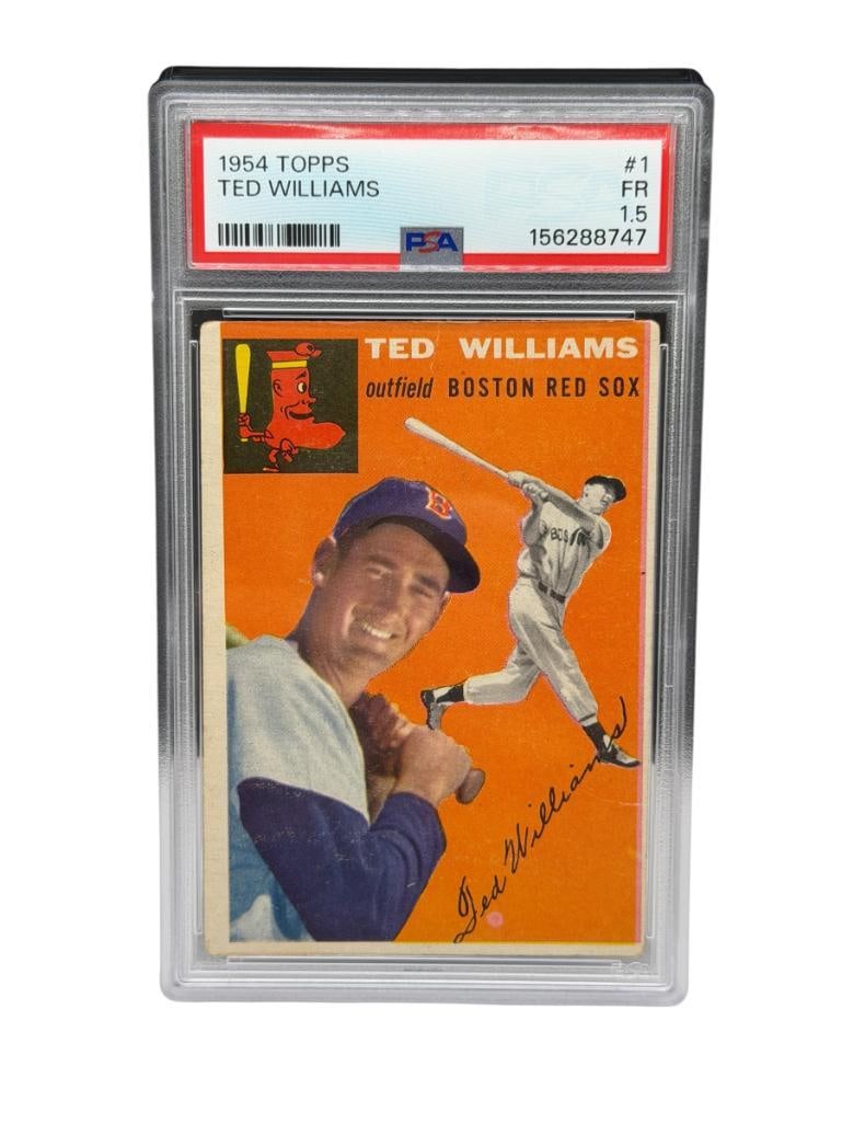 1954 TOPPS #1 TED WILLIAMS BASEBALL CARD PSA FR 1.5: THEODORE SAMUEL WILLIAMS, BOSTON RED SOX, ONLY BASEBALL PLAYER TO HIT OVER .400 AVERAGE ON THE SEASON, PSA 15688747, RARE CARD, FROM THE ESTATE OF A LOCAL RENO, NV DOCTOR AT RENOWN WHO RAN BIG