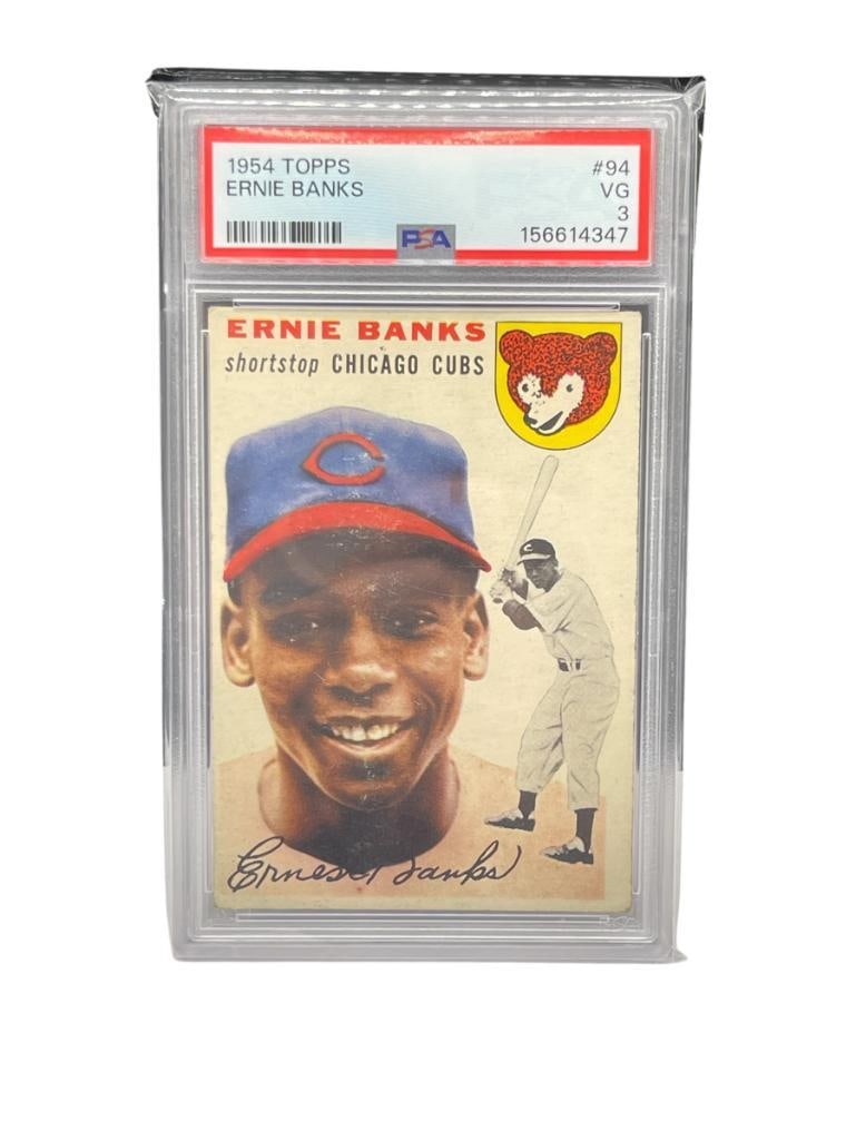1954 TOPPS #94 ERNIE BANKS BASEBALL CARD PSA GRADED VG 3: ERNIE "MR. CUB" BANKS, PSA 156614347, CHICAGO CUBS, RARE CARD, FROM THE ESTATE OF A LOCAL RENO, NV DOCTOR AT RENOWN WHO RAN BIG LEAGUE SPORTS MEDICINE BASEBALL CAMP FOR NEARLY 20 YEARS, DOCTOR