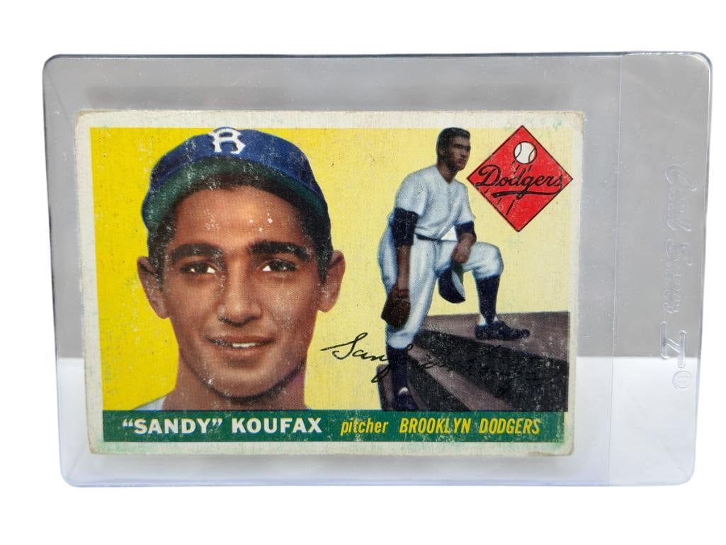 1955 TOPPS #123 SANDY KOUFAX BASEBALL CARD: SANFORD KOUFAX, BROOKLYN DODGERS, RARE CARD, SEE PHOTOS FOR CONDITION, FROM THE ESTATE OF A LOCAL RENO, NV DOCTOR AT RENOWN WHO RAN BIG LEAGUE SPORTS MEDICINE BASEBALL CAMP FOR NEARLY 20 YEARS,