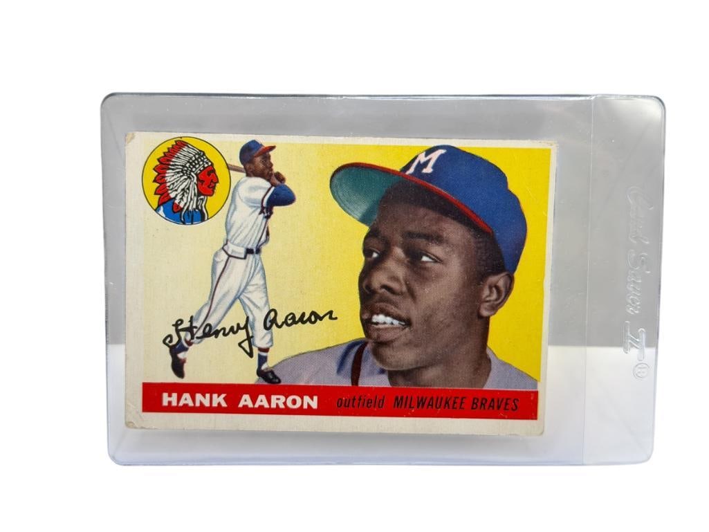 1955 TOPPS #47 HANK AARON BASEBALL CARD: HENRY LOUIS AARON, MILWAUKEE BRAVES, RARE CARD, SEE PHOTOS FOR CONDITION, FROM THE ESTATE OF A LOCAL RENO, NV DOCTOR AT RENOWN WHO RAN BIG LEAGUE SPORTS MEDICINE BASEBALL CAMP FOR NEARLY 20