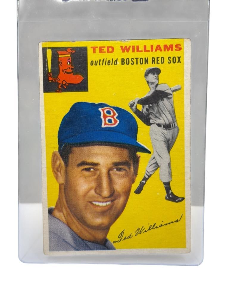 1954 TOPPS #250 TED WILLIAMS BASEBALL CARD: THEODORE SAMUEL WILLIAMS, BOSTON RED SOX, ONLY PLAYER TO HIT OVER .400 AVERAGE ON THE SEASON, RARE CARD, SEE PHOTOS FOR CONDITION, FROM THE ESTATE OF A LOCAL RENO, NV DOCTOR AT RENOWN WHO RAN BIG