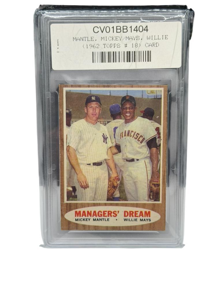 1962 TOPPS #18 MANAGER'S DREAM MICKEY MANTLE WILLIE MAYS BASEBALL CARD: IN FANATICS CASE WITH BOX, NEW YORK YANKEES, SAN FRANCISCO GIANTS, RARE CARD, SEE PHOTOS FOR CONDITION